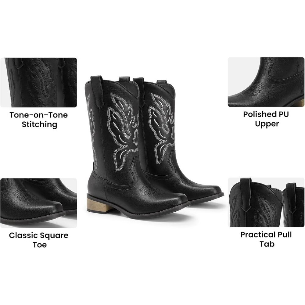 Women's All Black Mid Calf Square Toe Boots Pull On Chunky Heel Embroidery - Picture 4 of 6